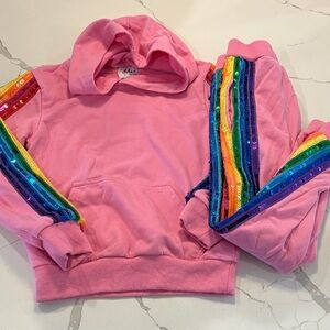 Lola + The Boys Pink Hoodie with Rainbow Sequin Sleeves